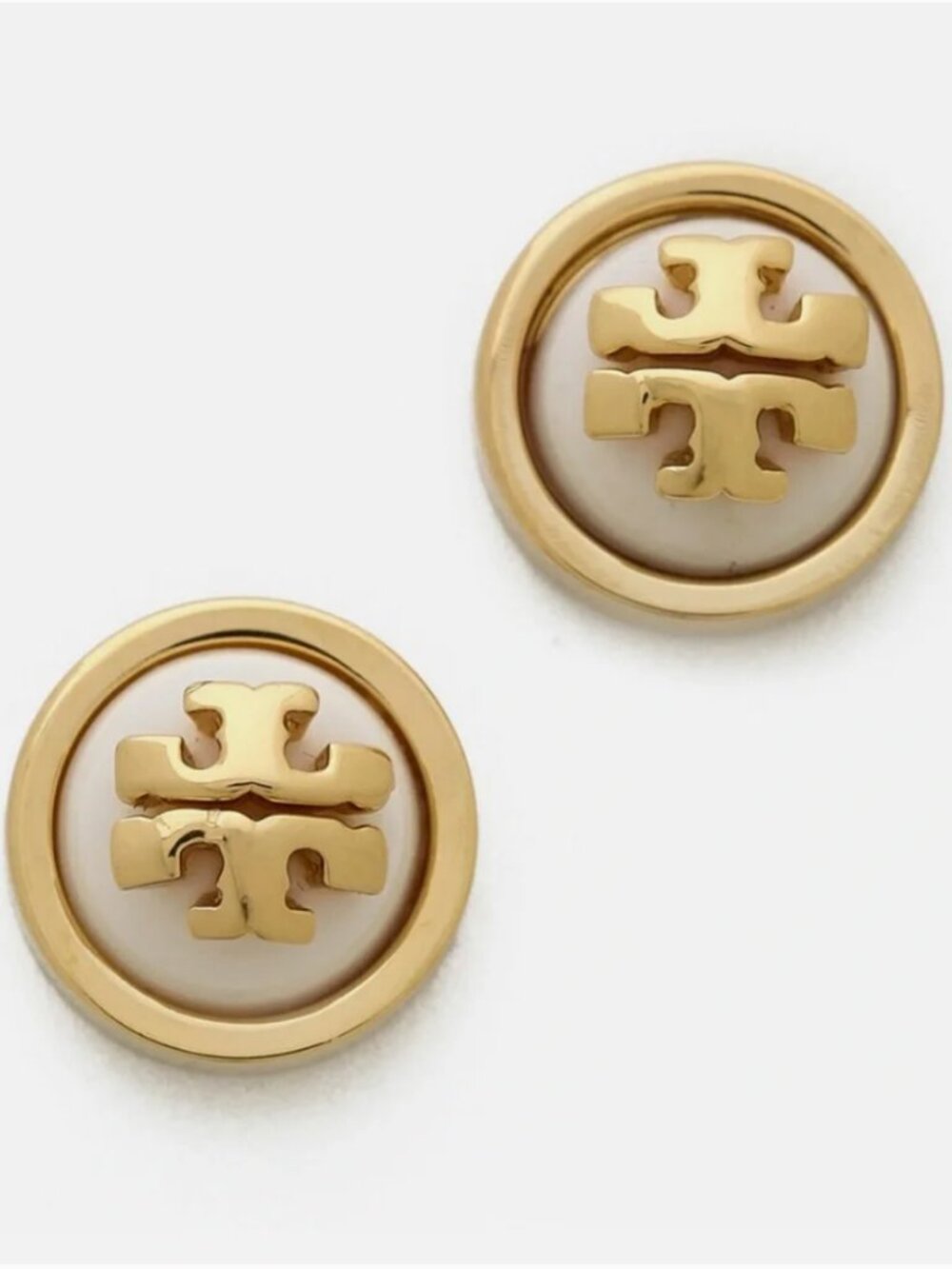 Tory Burch Logo Stud Earrings Gold Ivory Round Studs